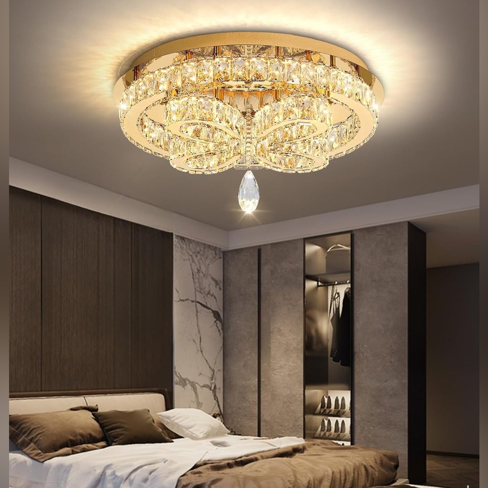 (NEW) Modern Gold Flush Crystal Flush Mount Ceiling Chandelier - 20”x10” - Picture 3 of 11
